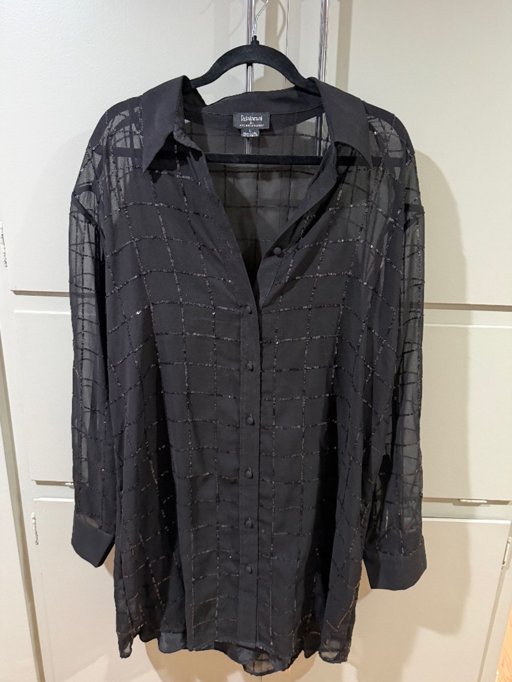 Anthro Rdalamal Sheer Sequin Blouse Black Button Down Size L - Picture 1 of 3